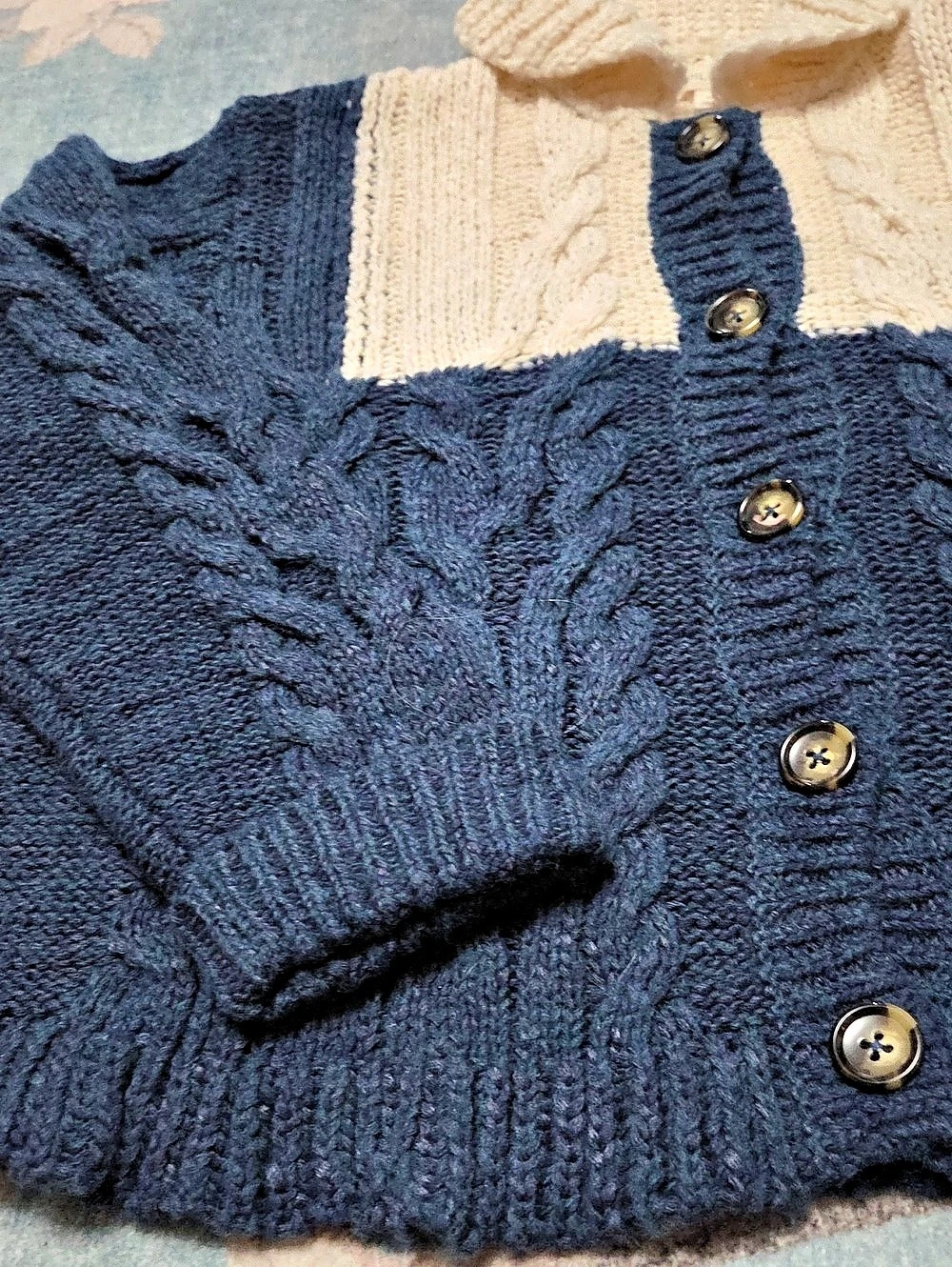 PILCRO Collared Cable-Knit Cardigan Sweater Blue & Cream XL - Picture 4 of 8